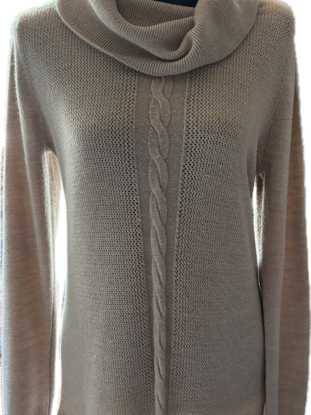 Dana Buchman Taupe Cowl-Neck Cable-Front Sweater